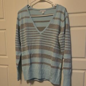 New York & Company Light Blue and Silver V-Neck Sweater